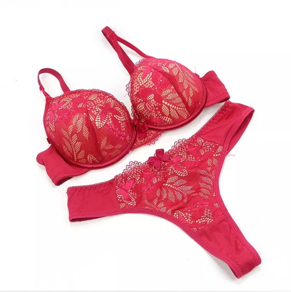 Deyllo Deep Red with Satin Lace and Fine Silver Stitching Bra and Panty set